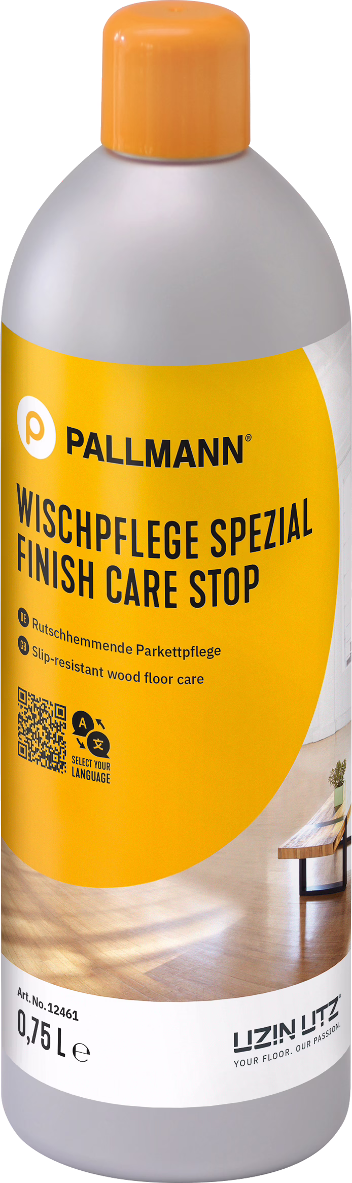 Pallmann Finish Care Stop -muovipullo, liukastumista estävä puulattioiden hoitotuote, harmaa‑keltainen pullo oranssilla korkilla, 0,75 l, mukana tuotemerkin logo ja etiketti.