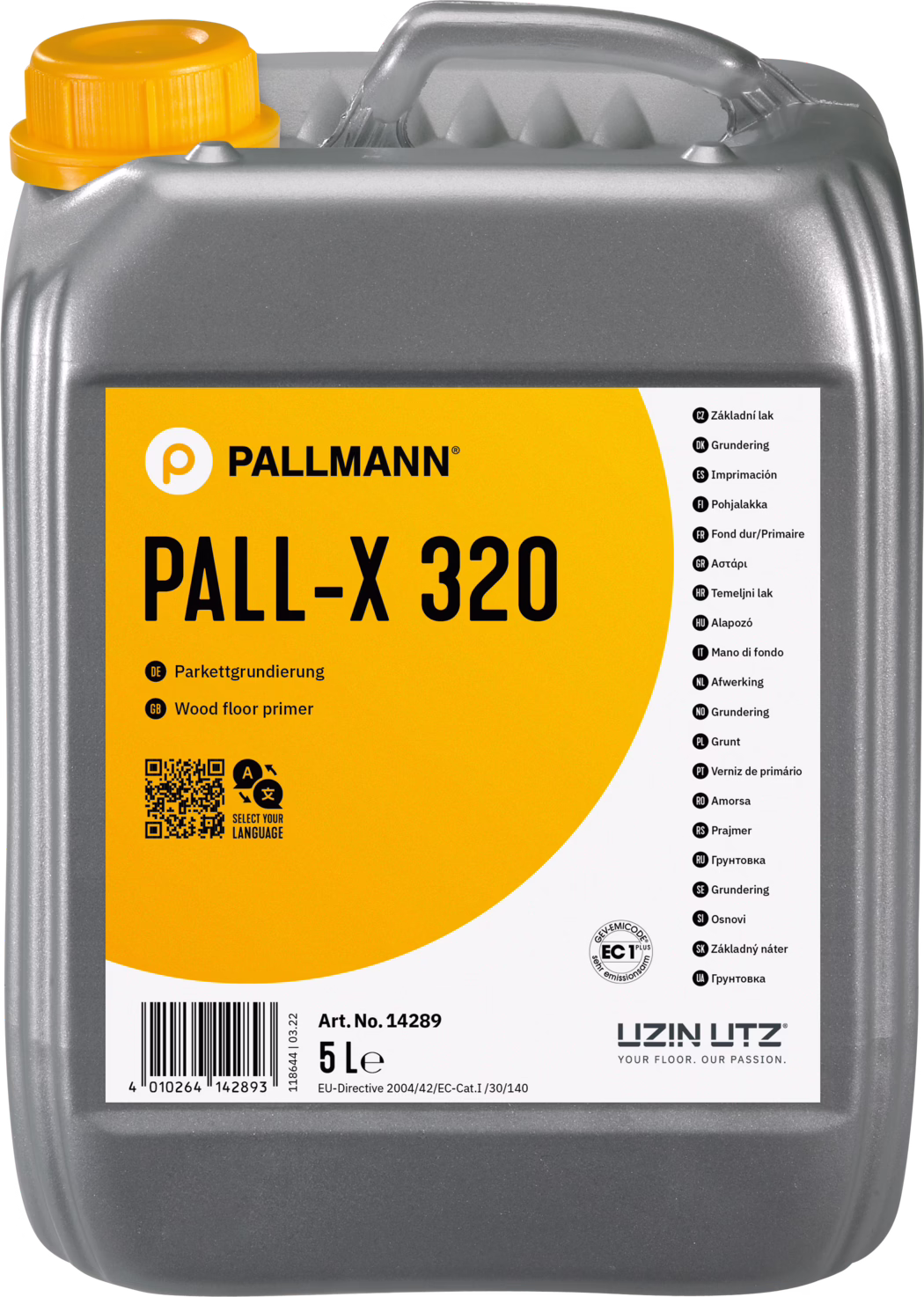 PALLMANN_dummy_Pall-X-320_5l_msl_2021-12 Etunäkymä hopeanvärisestä 5 litran muovikanisterista, jossa on oranssi kierrekorkki ja oranssi suorakulmainen etiketti. Etiketissä näkyy selkeästi tuotemerkki PALLMANN ja tuotenimi PALL-X 320 suurilla mustilla kirjaimilla, ja merkintä, että kyseessä on puulattioiden pohjustusaine. Näkyvillä yksityiskohdilla ovat artikkelinumero 14289, viivakoodi, monikieliset tuotekuvaukset etiketin oikeassa reunassa, sertifikaattikuvakkeet ja UZIN UTZ -valmistajan logo. Kanisterissa on integroidu kahva ylhäällä ja hieman teksturoitu pinta; kuva otettu valkoisella taustalla ja korostaa pakkauksen tietoja.