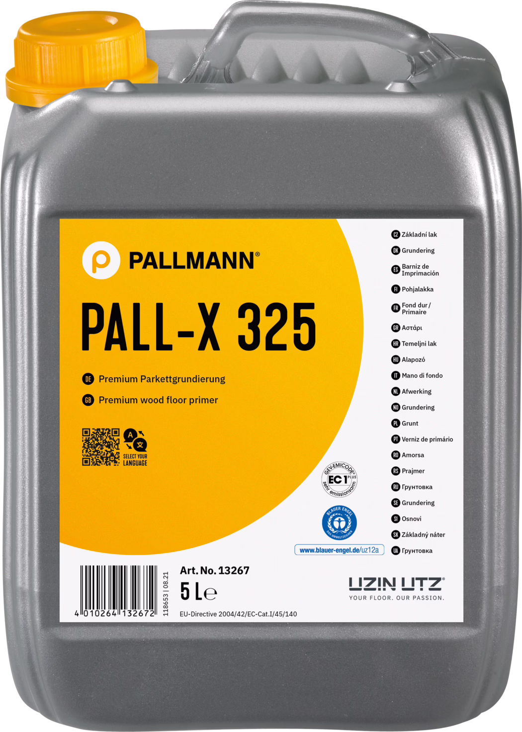 PALLMANN_dummy_Pall-X-325_5l_msl_2021-12 Harmaa muovikanisteri, tilavuus 5 litraa, jossa suuri keltainen etiketti 'PALL-X 325', Pallmannin parketin pohjamaali; oranssi korkki ja tuotetiedot etiketissä.