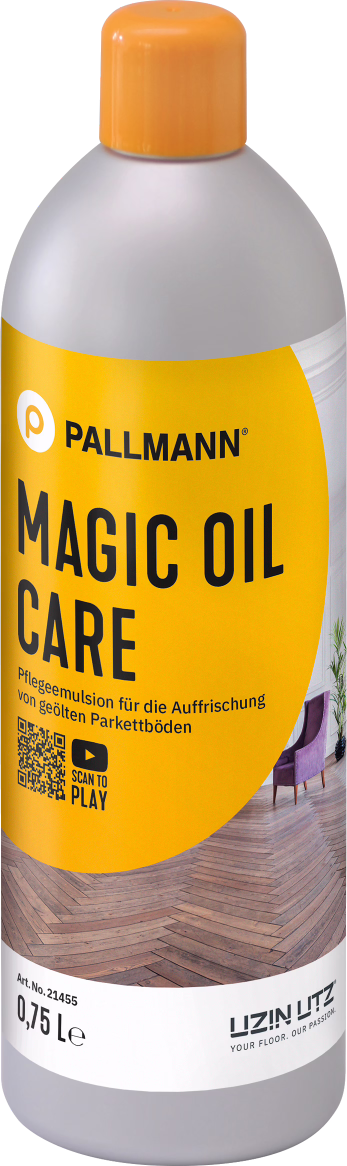 PALLMANN_dummy_MAGIC-OIL-CARE_0,75l_msl_2021-12 Pallmann Magic Oil Care -pullollinen, hoitoemulsio öljyisten parkettilattioiden virkistämiseen, keltainen etiketti tuote tiedoilla ja QR-koodilla.