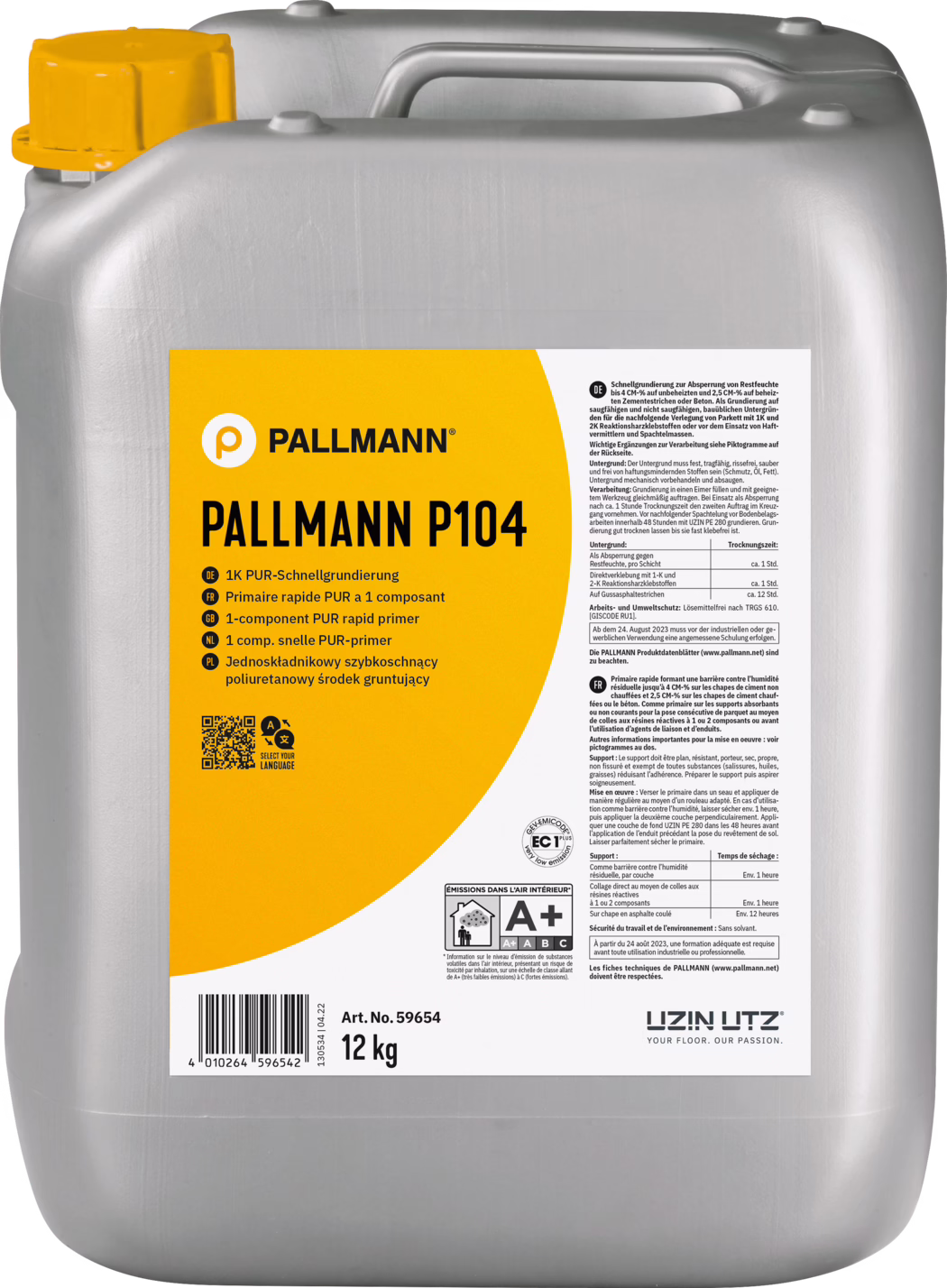 PALLMANN_dummy_PALLMANN-P104_12kg_msl_2021-12 Suuri hopeinen astia, jonka etiketti on PALLMANN P104, sisältää 12 kg yhden komponentin PUR-pikagrunt. Pakkaus ilmoittaa, että se on tarkoitettu nopeasti kuivuville sovelluksille ja se on soveltuva erilaisille pinnoille. Etiketissä on käyttöohjeita, turvallisuustietoja ja käyttöohjeita useilla kielillä. Myös QR-koodi on läsnä lisätietoja varten.
