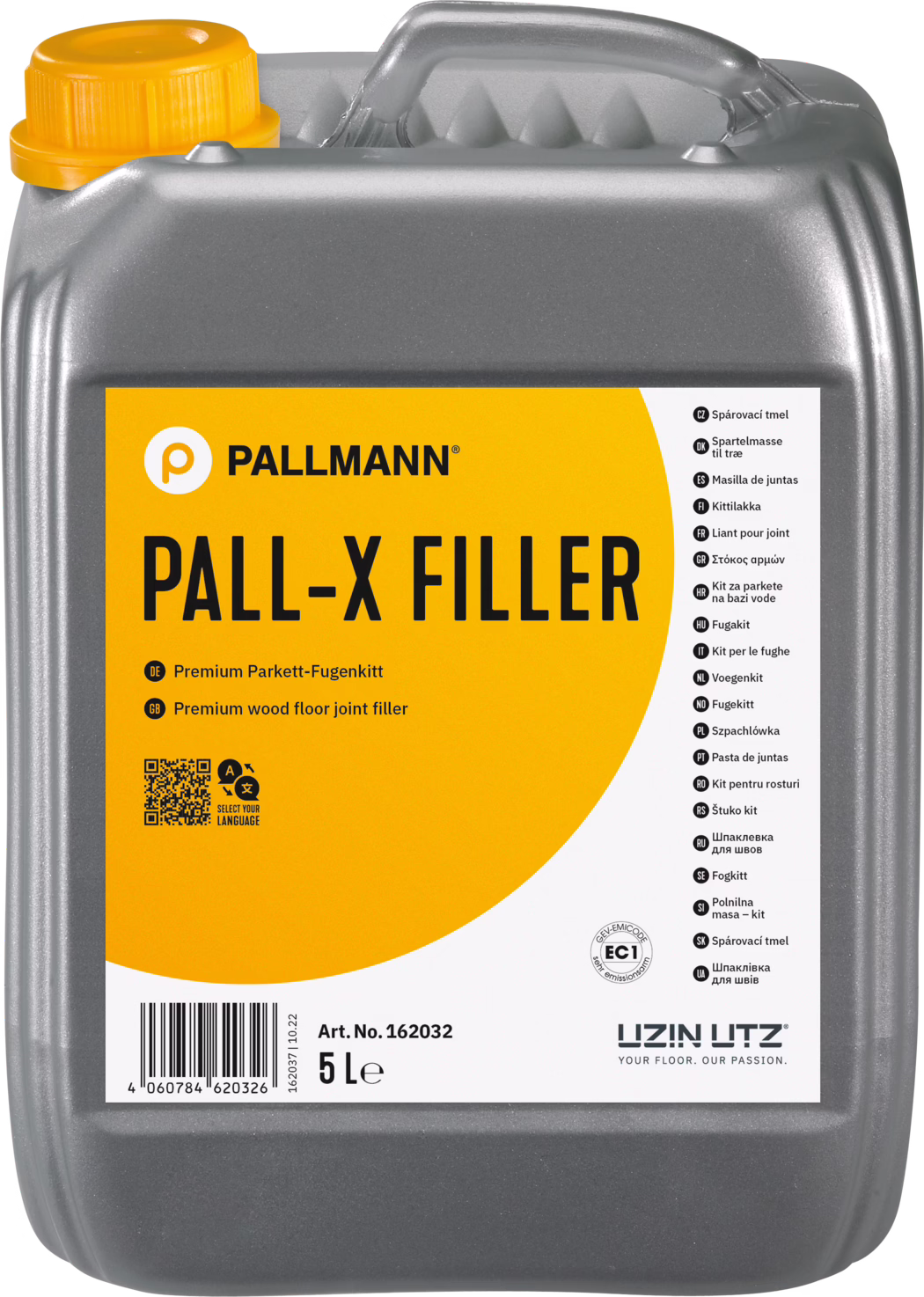 PALLMANN_dummy_Pall-X-Filler_5l_msl_2021-12 Harmaa muovikanisteri, 5 litraa, Pallmannin 'PALL‑X FILLER' lattiarakojen täyttöaine. Kirkkaan oranssi etiketti ja oranssi ruuvikorkki. Etiketissä näkyvät PALLMANN-logo, iso tuotteen nimi 'PALL‑X FILLER', maininta premium‑luokan lattiarakojen täyttöaineesta, QR‑koodi, viivakoodi, artikkelinumero 162032 ja tilavuusmerkintä '5 L'. Etiketin oikeassa reunassa on tuotteen nimi monilla kielillä. Kanisterissa on muotoiltu kahva yläosassa ja teksturoitu harmaa pinta.