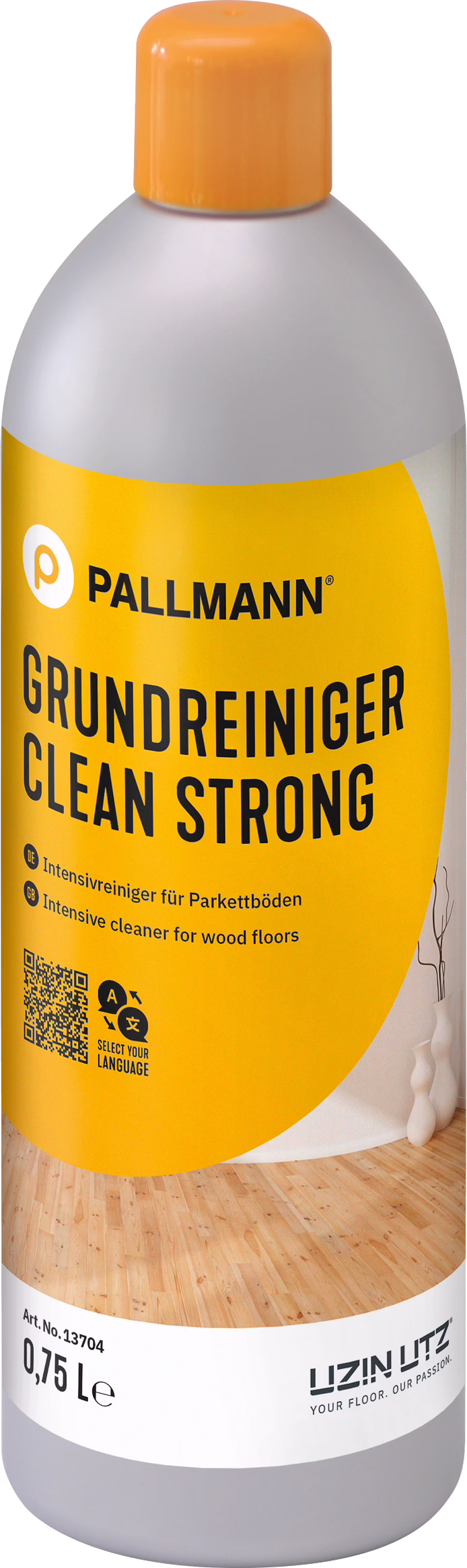 A tall plastic bottle with an orange screw cap and a bright yellow label displaying the brand name PALLMANN and the product name GRUNDREINIGER CLEAN STRONG. The bottle contains 0.75 L of intensive cleaner for wood floors. The label shows bold black typography, a QR code, small pictograms and a photo of a light wooden parquet floor; a UZIN UTZ logo and the slogan 'YOUR FLOOR. OUR PASSION.' appear near the bottom. The container has a rounded shoulder and a grey plastic body, conveying a professional deep-cleaning product for removing stubborn dirt from wooden floors.