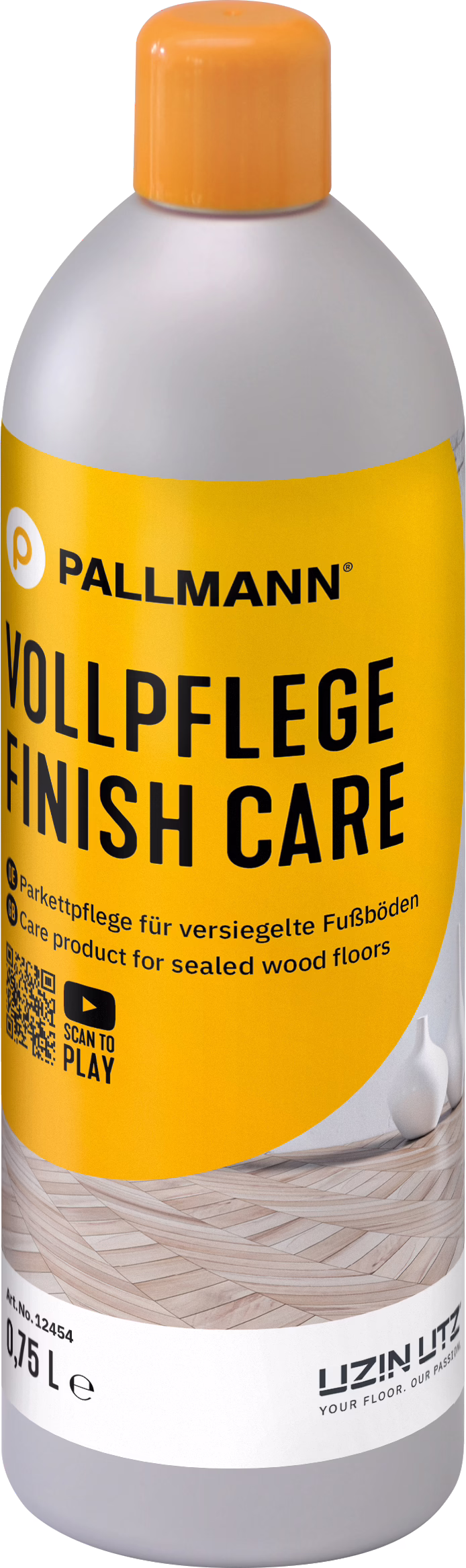 A tall plastic bottle with an orange screw cap and a bright yellow label for PALLMANN 'Vollpflege Finish Care', a care product for sealed wood floors. The label shows the bold black PALLMANN logo at the top and large black text 'VOLLPFLEGE FINISH CARE', a smaller bilingual line 'Parkettpflege für versiegelte Fußböden / Care product for sealed wood floors', a QR code with the prompt 'SCAN TO PLAY' and a small image of light wood parquet. The lower label displays capacity '0,75 L', an article number and the manufacturer logo 'UZIN UTZ'. The bottle body is light gray with a smooth rounded shoulder and a glossy plastic finish.