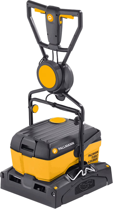 PALLMANN_dummy_PALLMANN TURBO SCRUBBER_msl_2017-02 Ammattimainen PALLMANN Turbo Scrubber -lattianpuhdistuskone keltaisena ja tummanharmaana. Pystyssä oleva laite on varustettu tukevalla kahvalla, jossa on integroidut säätimet ja kelattu virtajohto, kompaktilla suorakulmaisella pohjalla harjakotelolla ja tuuletusritilöillä, näkyvillä merkkilogoilla sivulla ja kestävällä muovirakenteella raskaaseen kaupalliseen käyttöön.