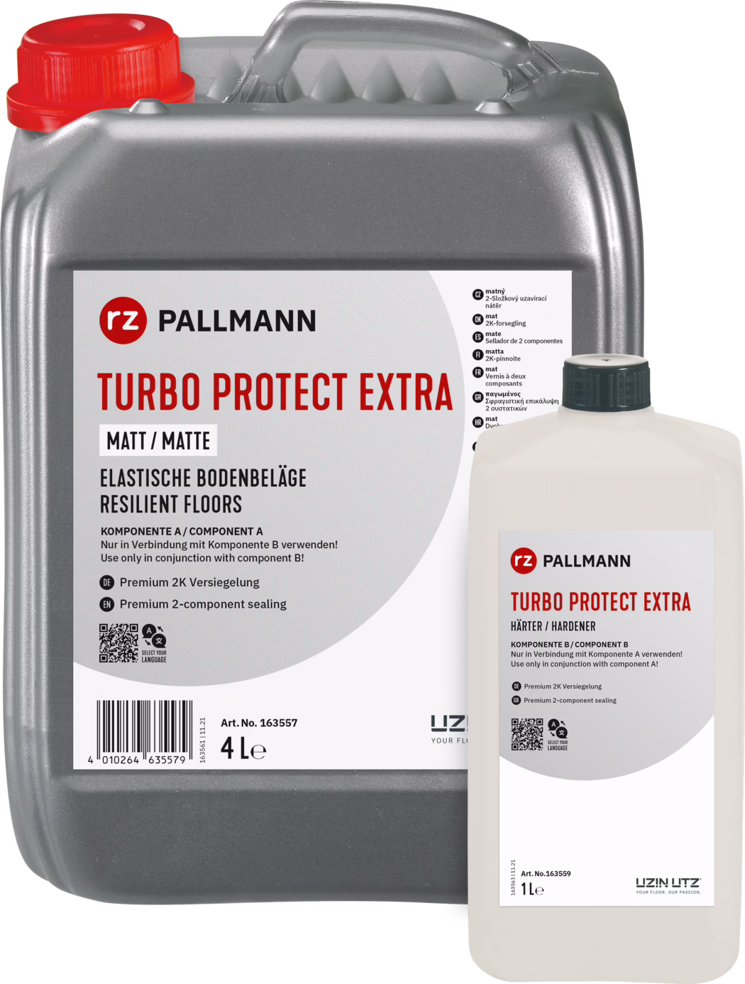 Close-up of two plastic containers of floor protection product labeled "Pallmann Turbo Protect Extra". A large metallic-gray 4 L jerrycan with a red screw cap and integrated handle fills the left side; its white label shows the red "rz" logo, bold red product name, "MATT / MATTE" finish designation, multilingual instructions and icons, a barcode and a QR code. In front and to the right stands a smaller white 1 L bottle with a black cap and a matching label marked as the hardener/component B. Both containers are photographed on a white background; the image highlights packaging details, text blocks and cap colors for easy identification.