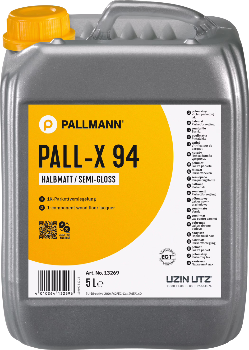 PALLMANN_dummy_Pall-X-94_halbmatt_5l_msl_2022-09 5 litran Pallmannin Pall-X 94 puolihimmeä puulattialakka. Säiliö on suorakulmainen, harmaan metallipinnan omaava ja siinä on kirkkaan oranssi etiketti, joka esittelee tuotteen nimen 'PALL-X 94' näkyvästi sekä kuvauksen saksaksi ja englanniksi. Saksankielinen teksti ilmoittaa, että se on 1-komponenttilakkakanta, kun taas englanninkielinen teksti vahvistaa sen. Artikkelinumero 'Art. No. 13269' ja viivakoodi näkyvät sivussa. QR-koodi kutsuu käyttäjiä valitsemaan kielen. Ylhäällä oleva kahva helpottaa kaatamista, ja kansi on myös oranssi, mikä sopii etikettimuotoiluun.