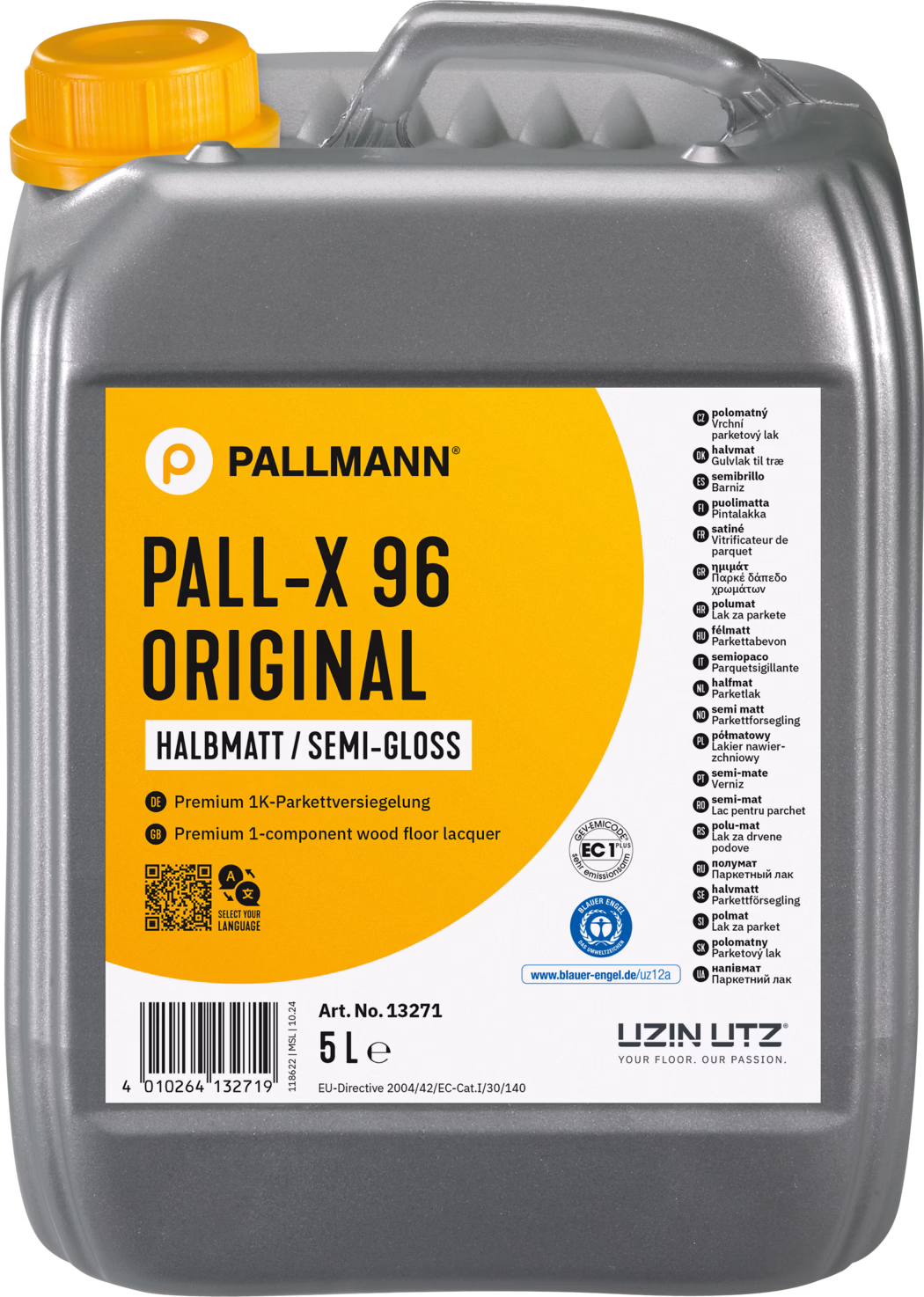 Harmaa muovikanisteri, 5 litraa, merkki Pallmann: PALL-X 96 Original, puolikiiltävä parkettilakka. Suorakulmainen säiliö, jossa yläkahva ja keltainen ruuvikorkki; etiketti on oranssi ja siinä musta teksti 'PALL-X 96 ORIGINAL' sekä valkoinen osa monikielisillä tuotetiedoilla ja sertifiointimerkinnöillä (mm. Blauer Engel). Etiketissä lukee 'Halbmatt / Semi-Gloss', 'Premium 1-component wood floor lacquer', artikkelinumero 13271, viivakoodi ja '5 L'. Suunniteltu puulattioiden suojaamiseen ja viimeistelyyn; yksikomponenttinen vesiohenteinen lakka ammattilaisille ja tee-se-itse-käyttöön. Kanisterin pinta ja muoto näyttävät valmistuksen tekstuurit; soveltuu siveltimellä, telalla tai koneella levitettäväksi.
