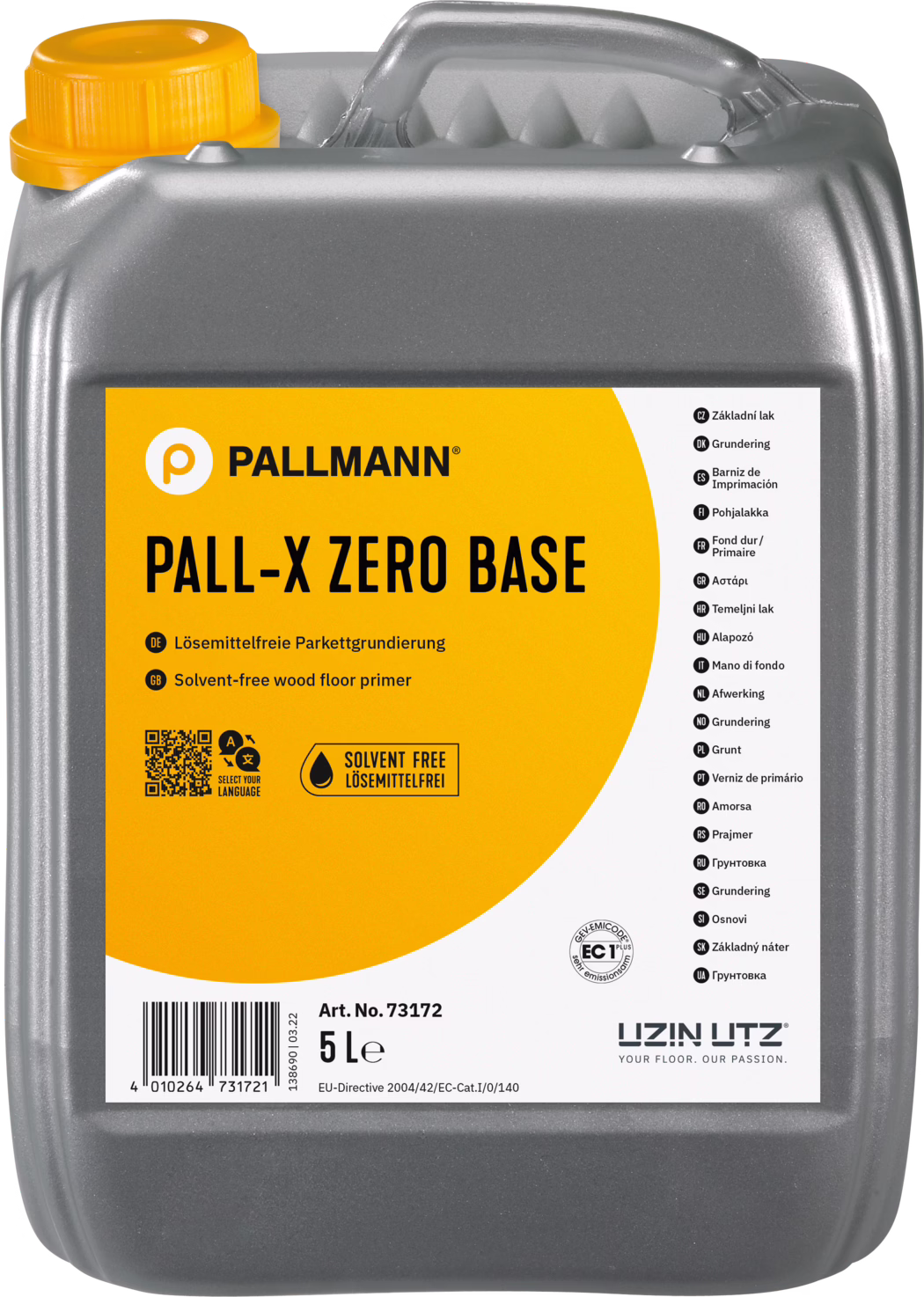 PALLMANN_dummy_Pall-X-Zero-Base_5l_msl_2021-12 Harmaa 5 litran muovikanisteri Pallmann 'PALL-X ZERO BASE' -liuotinvapaa lattianpohjuste, iso keltainen etiketti, musta teksti ja oranssi korkki.